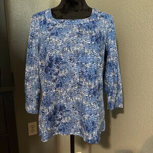 Kim Rogers Top XL Blue White Abstract Print  3/4 Sleeve Casual Blouse